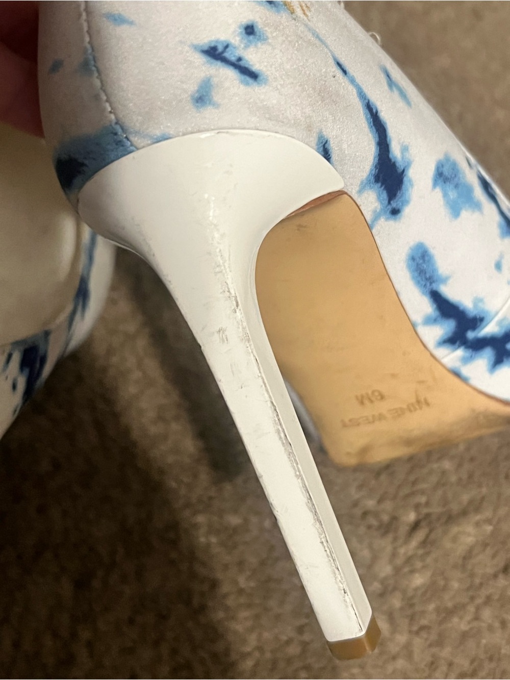 Nine West White Pointed-Toe Stiletto Heels with Blue Watercolor Print